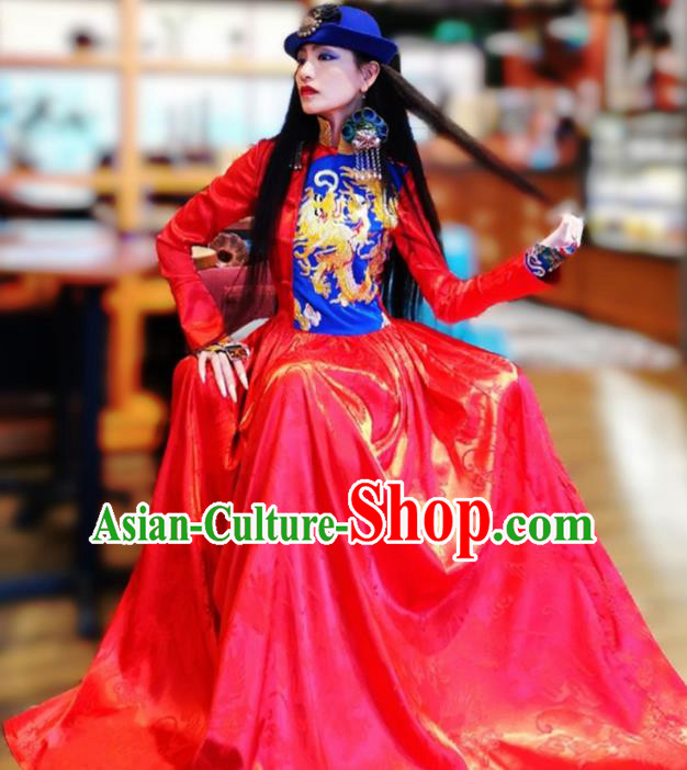 Chinese Traditional Catwalks Costume National Embroidered Dragon Red Cheongsam Tang Suit Qipao Dress for Women