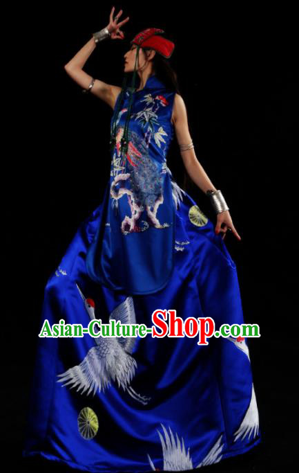 Chinese Traditional Catwalks Costume National Royalblue Brocade Cheongsam Tang Suit Qipao Dress for Women