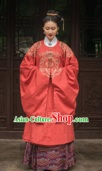 Chinese Traditional Ming Dynasty Empress Wedding Red Historical Costume Ancient Royal Queen Embroidered Dress for Women