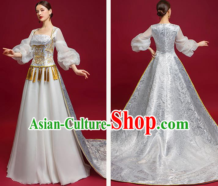 Chinese National Catwalks Grey Trailing Full Dress Traditional Compere Cheongsam for Women