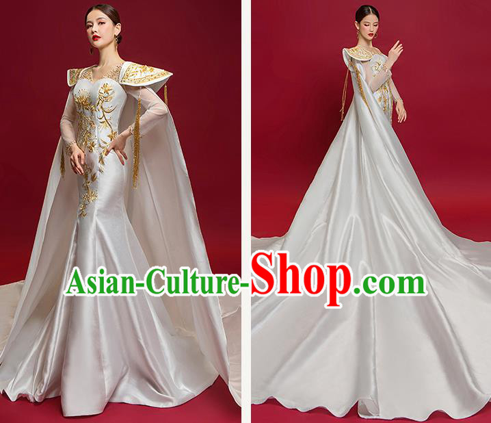 Chinese National Catwalks Embroidered White Trailing Full Dress Traditional Compere Cheongsam for Women