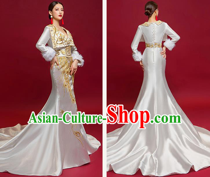 Chinese National Catwalks Embroidered Full Dress Traditional Compere Cheongsam for Women