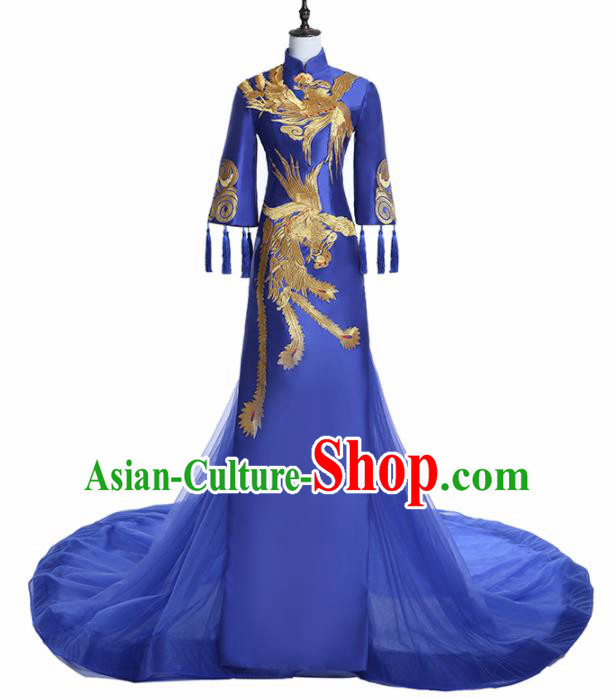 Chinese National Catwalks Costume Embroidered Phoenix Trailing Cheongsam Traditional Tang Suit Royalblue Qipao Dress for Women
