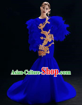 Chinese National Catwalks Embroidered Dragon Royalblue Trailing Cheongsam Traditional Costume Tang Suit Qipao Dress for Women