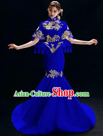 Chinese National Catwalks Embroidered Royalblue Trailing Cheongsam Traditional Costume Tang Suit Qipao Dress for Women