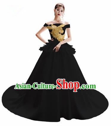 Top Grade Catwalks Black Trailing Full Dress Modern Dance Party Compere Embroidered Costume for Women