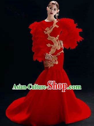 Chinese National Catwalks Embroidered Dragon Red Cheongsam Traditional Costume Tang Suit Trailing Qipao Dress for Women