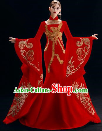 Chinese National Catwalks Embroidered Red Trailing Cheongsam Traditional Costume Tang Suit Qipao Dress for Women