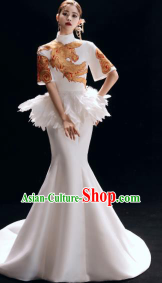 Chinese National Catwalks White Trailing Cheongsam Traditional Costume Tang Suit Embroidered Phoenix Qipao Dress for Women