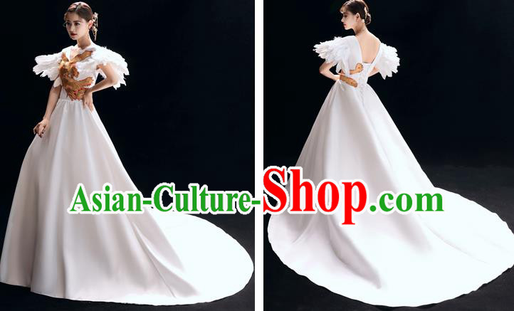 Top Grade Catwalks White Trailing Full Dress Modern Dance Party Compere Costume for Women