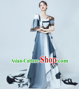 Top Grade Catwalks Compere Trailing Grey Full Dress Modern Dance Party Costume for Women