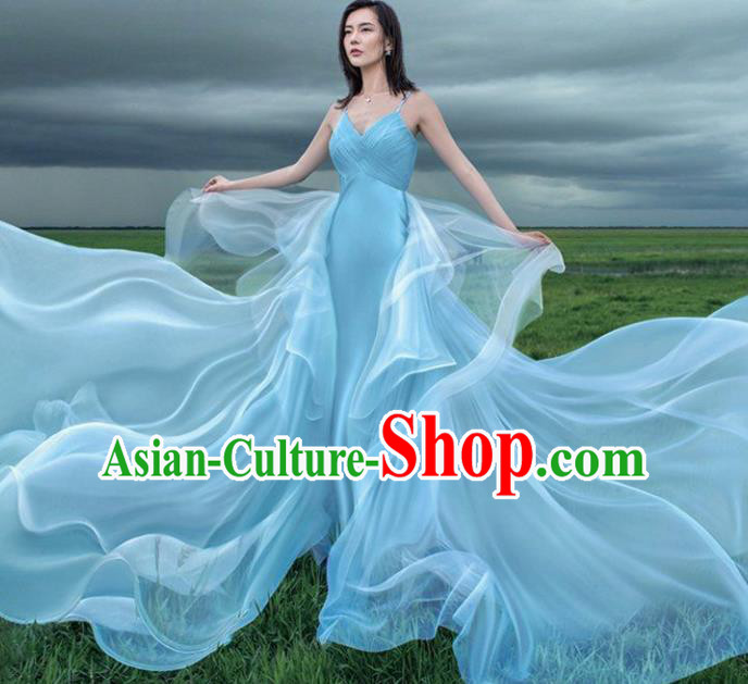 Top Grade Chorus Compere Costume Modern Dance Party Catwalks Bridesmaid Blue Veil Full Dress for Women