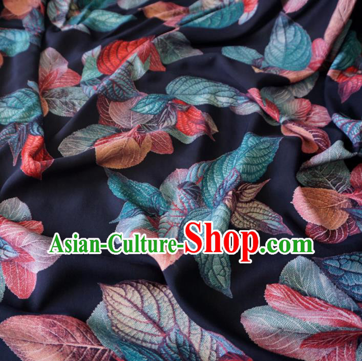 Asian Chinese Traditional Leaf Pattern Navy Watered Gauze Cheongsam Silk Fabric Chinese Fabric Material