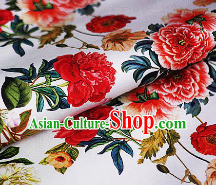 Chinese Classical Printing Peony Pattern Design White Brocade Cheongsam Silk Fabric Chinese Traditional Satin Fabric Material