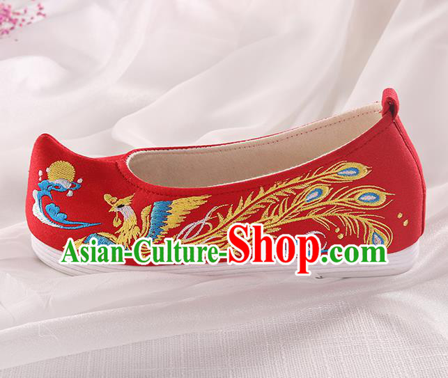 Chinese Traditional Hanfu Red Shoes Embroidered Phoenix Shoes Handmade Ancient Princess Shoes for Women