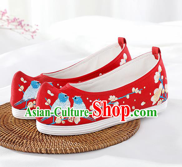 Chinese Traditional Hanfu Shoes Red Embroidered Birds Shoes Handmade Ancient Princess Shoes for Women