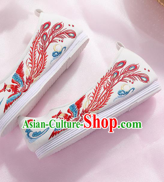 Chinese Traditional Hanfu Cloth Shoes Embroidered Phoenix White Shoes Handmade Ancient Princess Shoes for Women
