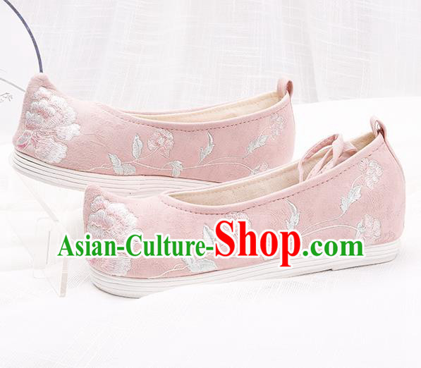 Chinese Traditional Embroidered Peony Pink Shoes Hanfu Cloth Shoes Handmade Ancient Princess Shoes for Women