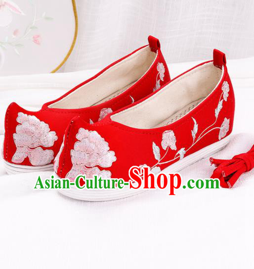 Chinese Traditional Embroidered Peony Red Shoes Hanfu Cloth Shoes Handmade Ancient Princess Shoes for Women
