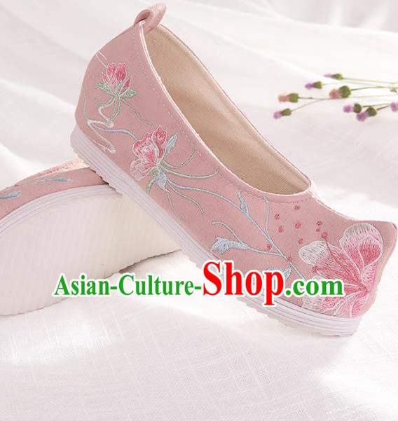 Chinese Traditional Pink Embroidered Flowers Shoes Hanfu Cloth Shoes Handmade Ancient Princess Shoes for Women