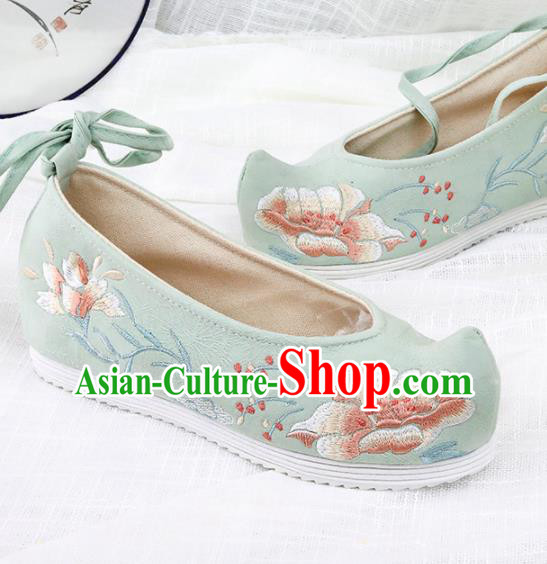 Chinese Traditional Green Embroidered Peony Shoes Hanfu Cloth Shoes Handmade Ancient Princess Shoes for Women