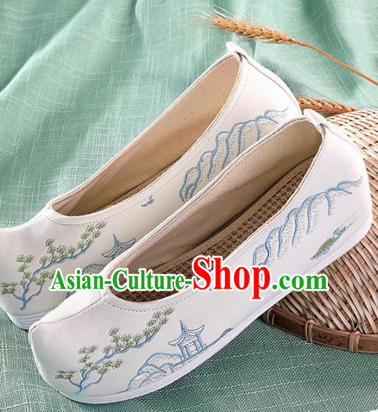 Chinese Traditional Embroidered Pavilion White Shoes Hanfu Cloth Shoes Handmade Ancient Princess Shoes for Women