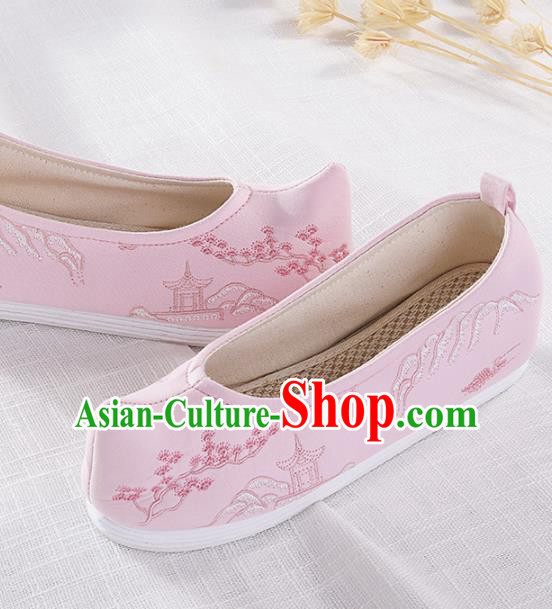 Chinese Traditional Embroidered Pavilion Pink Shoes Hanfu Cloth Shoes Handmade Ancient Princess Shoes for Women