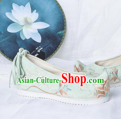 Chinese Traditional Embroidered Phoenix Peony Green Shoes Hanfu Cloth Shoes Handmade Ancient Princess Shoes for Women
