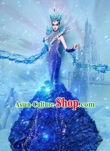 Handmade Modern Fancywork Stage Show Court Blue Fishtail Full Dress Halloween Cosplay Queen Fancy Ball Costume for Women