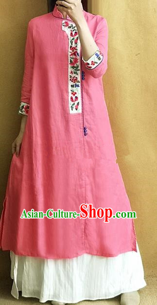 Traditional Chinese Tang Suit Cheongsam Embroidered Pink Qipao Dress National Costume for Women