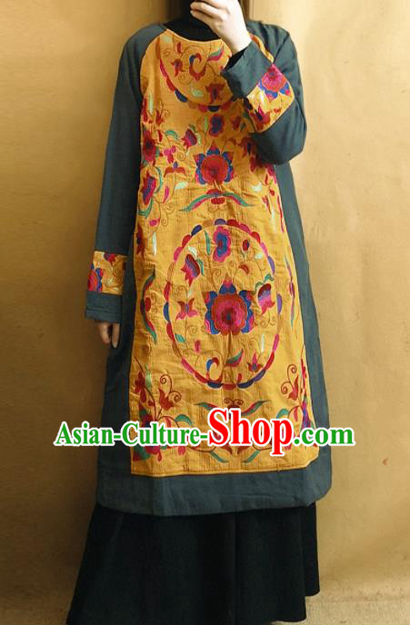 Traditional Chinese Tang Suit Embroidered Yellow Cheongsam Linen Qipao Dress National Costume for Women