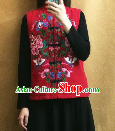Traditional Chinese Embroidered Peony Red Vest Tang Suit Upper Outer Garment National Costume for Women