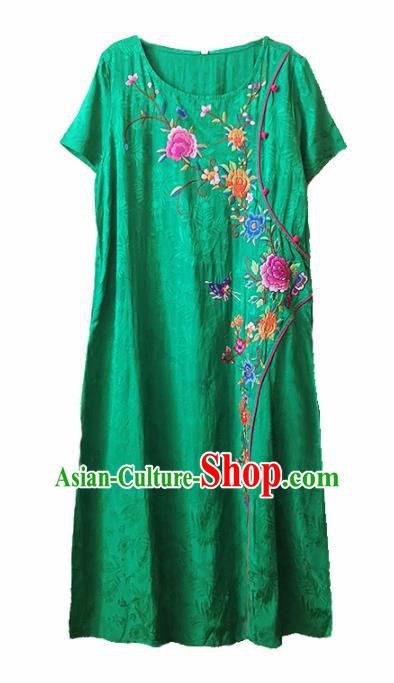 Traditional Chinese National Costume Tang Suit Embroidered Peony Green Qipao Dress for Women
