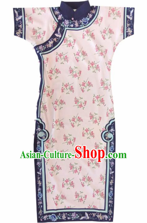 Traditional Chinese Printing Pink Cheongsam Tang Suit Qipao Dress National Costume for Women