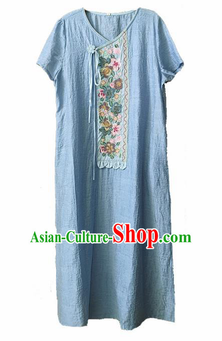Traditional Chinese Embroidered Blue Qipao Dress Tang Suit National Costume for Women