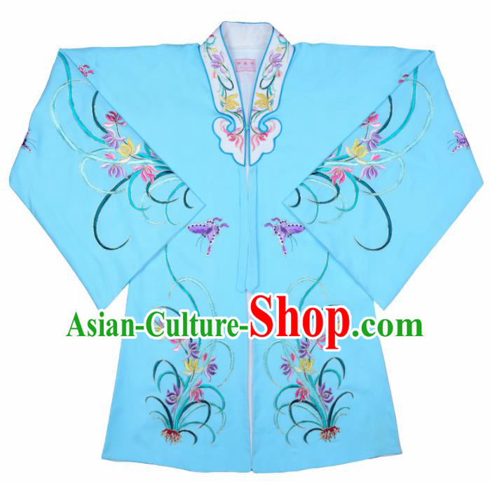 Handmade Chinese Beijing Opera Embroidered Orchid Blue Cape Traditional Peking Opera Diva Costume for Women