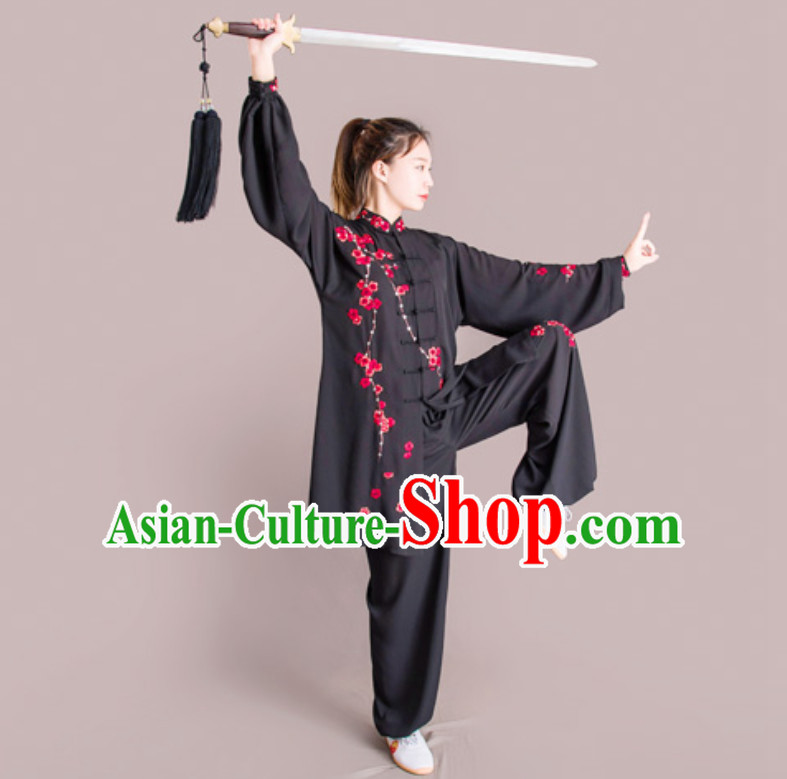 Top Chinese Mandarin Embroidered Plum Blossom Competition Championship Professional Tai Chi Stage Performance Uniforms Clothing and Mantle Complete Set for Women or Men