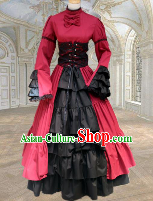 Europe Medieval Traditional Court Costume European Maidservant Red Full Dress for Women