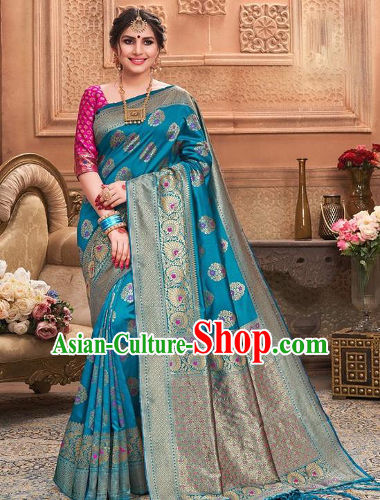 Indian Traditional Costume Asian India Blue Sari Dress Bollywood Court Queen Clothing for Women