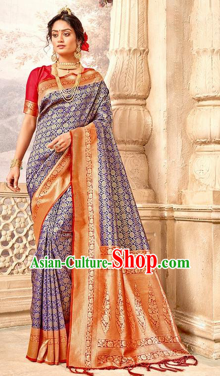 Indian Traditional Costume Asian India Royalblue Brocade Sari Dress Bollywood Court Queen Clothing for Women