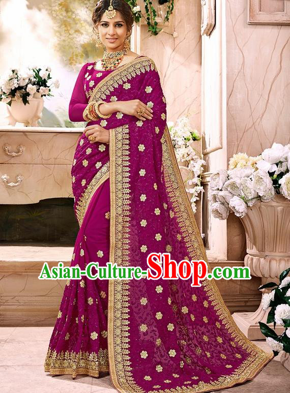 Indian Traditional Court Costume Asian India Deep Purple Sari Dress Bollywood Queen Clothing for Women