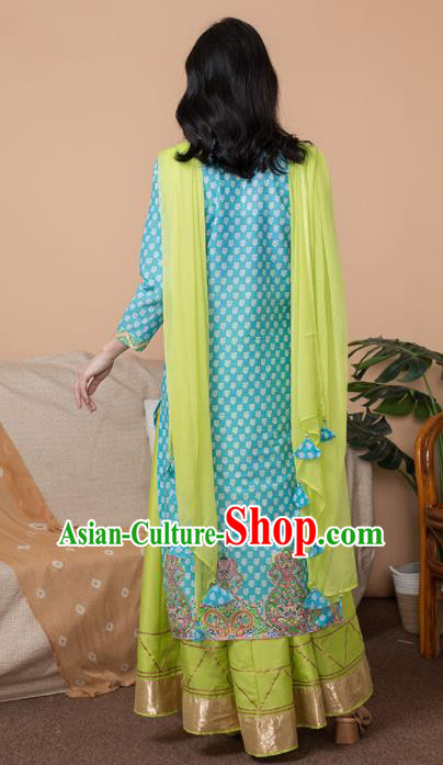 Asian India Traditional Informal Punjabi Costumes South Asia Indian National Blue Blouse and Dress for Women