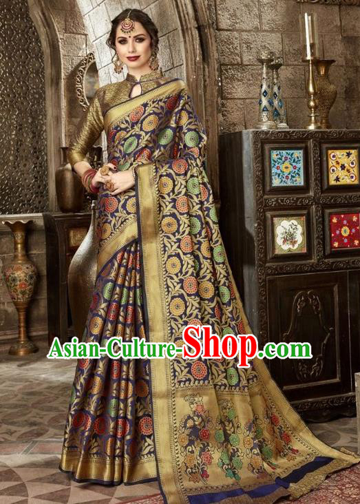 Asian India Traditional Navy Sari Dress Indian Court Costume Bollywood Queen Clothing for Women