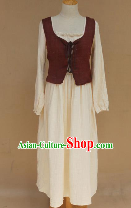 Europe Medieval Traditional Farmwife Costume European Maidservant White Dress for Women
