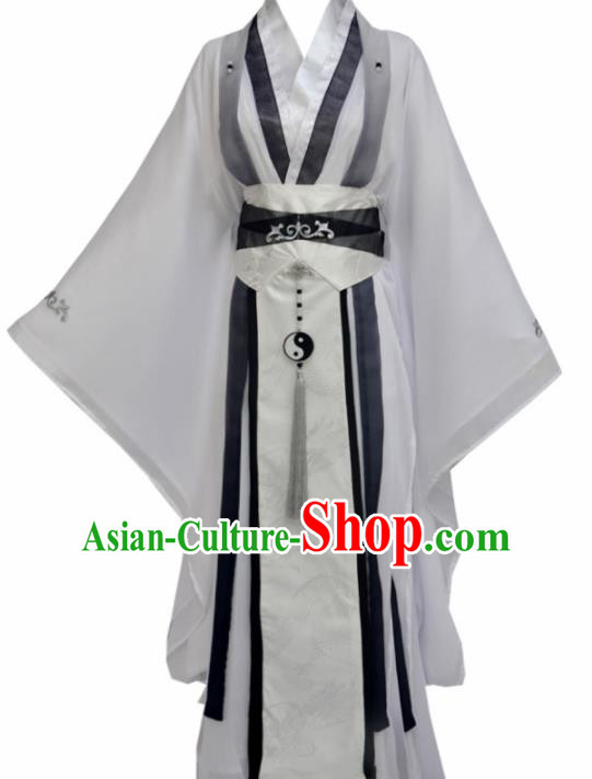 Traditional Chinese Tang Dynasty Swordsman White Clothing Ancient Taoist Priest Costume for Men