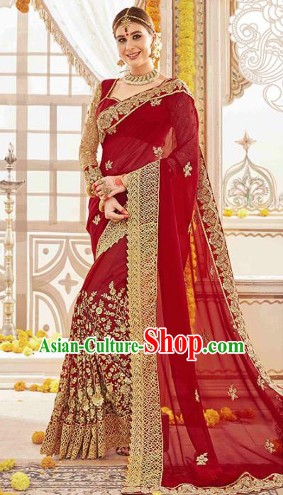 Asian India Traditional Bollywood Bride Wine Red Sari Dress Indian Court Queen Wedding Costume for Women