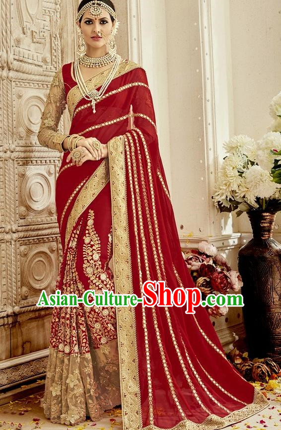 Asian India Traditional Wedding Embroidered Wine Red Sari Dress Indian Bollywood Court Bride Costume for Women