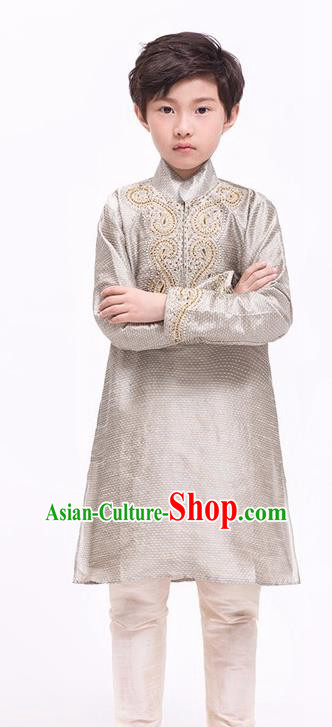 South Asian India Traditional Costume Khaki Shirt and Pants Asia Indian National Suit for Kids
