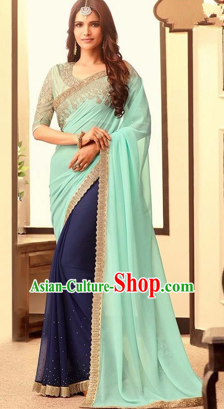 Indian Traditional Court Light Green Sari Dress Asian India Princess Bollywood Embroidered Costume for Women