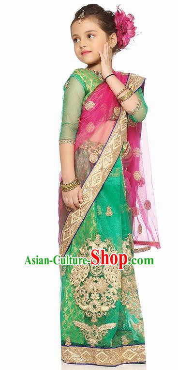South Asian India Traditional Costume Asia Indian National Green Sari Dress for Kids